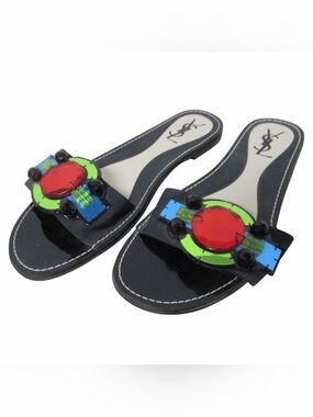 Vintage YVES SAINT LAURENT Patent Slide Sandals with Jewel Accent. Authentic